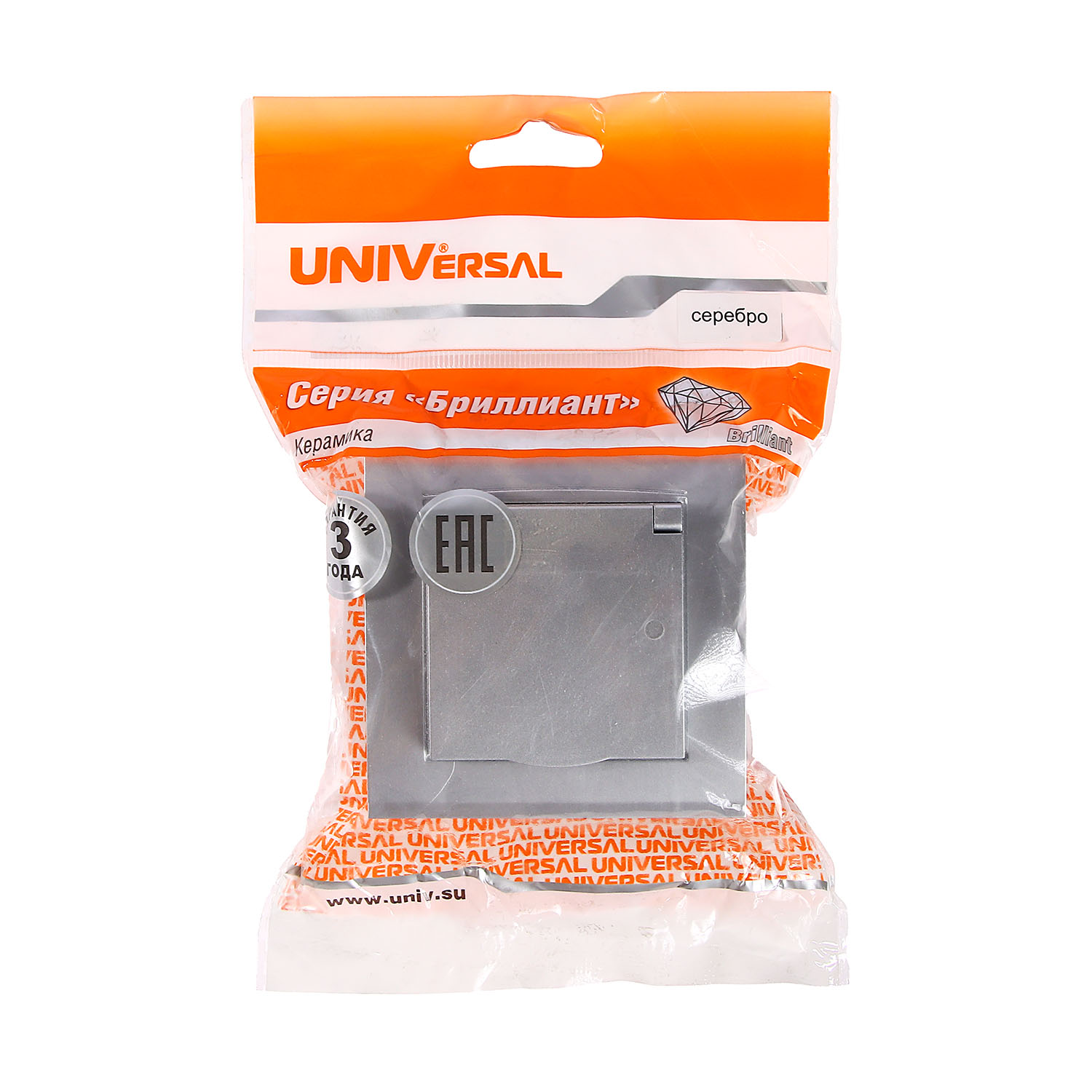 Розетка Бриллиант СП 1-мест. серебро сз с крышкой 16А IP20 UNIVersal 7949896