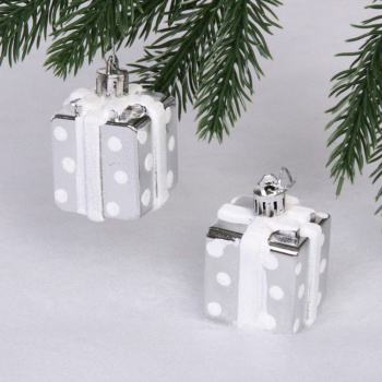Елочные игрушки Подарочки в горошек 3,5 см (набор 2 шт), Серебро