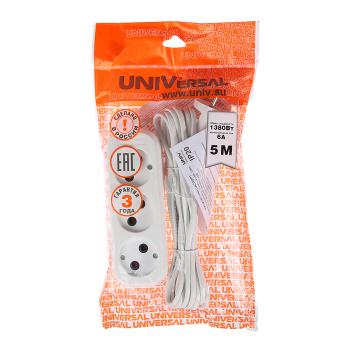 Удлинитель бытовой UNIVersal У6-639, 3 розетки, 5 м, ШВВП, 2х0,75 мм2, 1300 Вт, без заземления