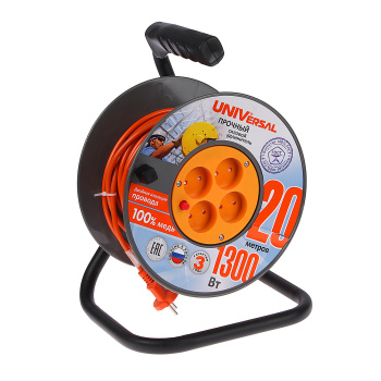 Удлинитель 4 розетки 30м б/з КАТУШКА ПВС 2*0,75 6А мощ.нагр 1300Вт Универсал ВЕМ-250 термо *1