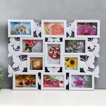 Фоторамка пластик на 11 фото 10х10, 10х15 см "Бабочки" белая 48х63 см 2343671