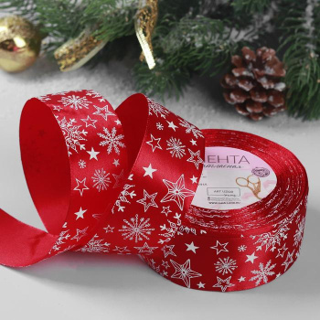 яяяЛента атласная 40мм*25±1ярд снежинки №33 красный/белый АУ    4937929